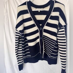 Moon River Navy and White Striped V-Neck Button Cardigan